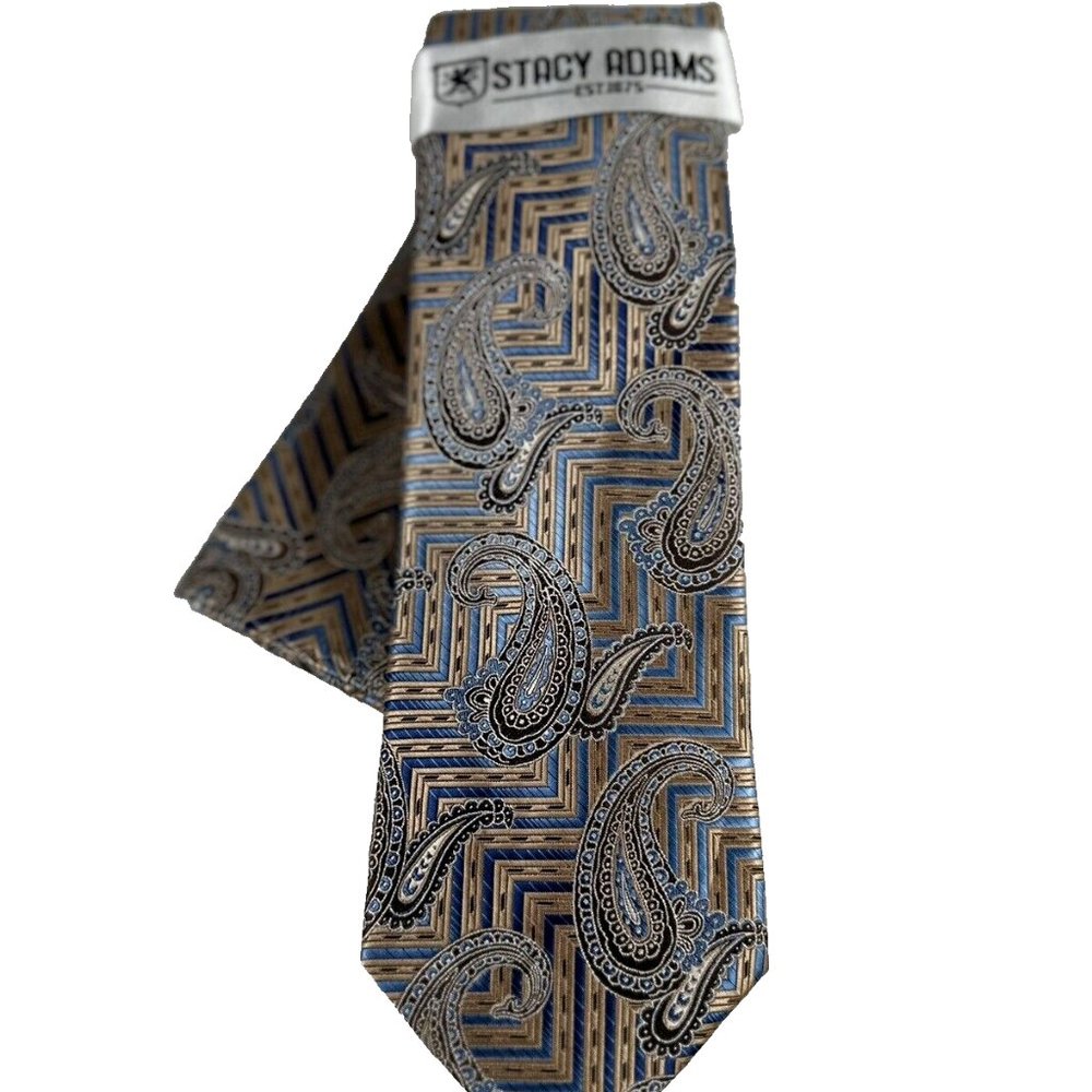 Stacy Adams Men Tie Hanky Set Champagne Powder Blue Beige Hand Made 3.25" Wide